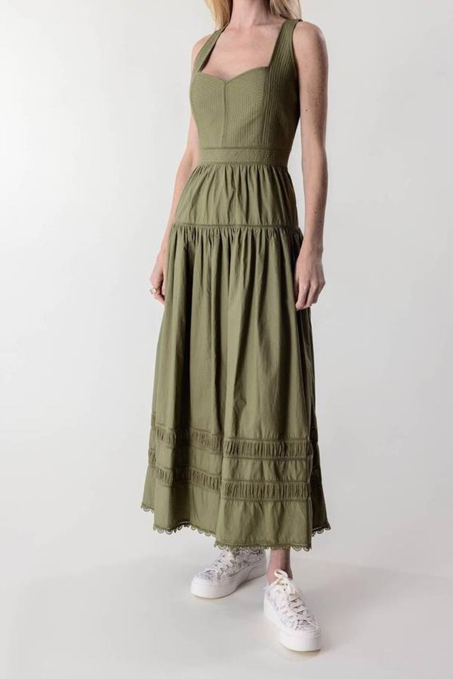 Ulla Johnson Isadora Tiered Lace Trimmed Midi Dress in Lichen Green 0